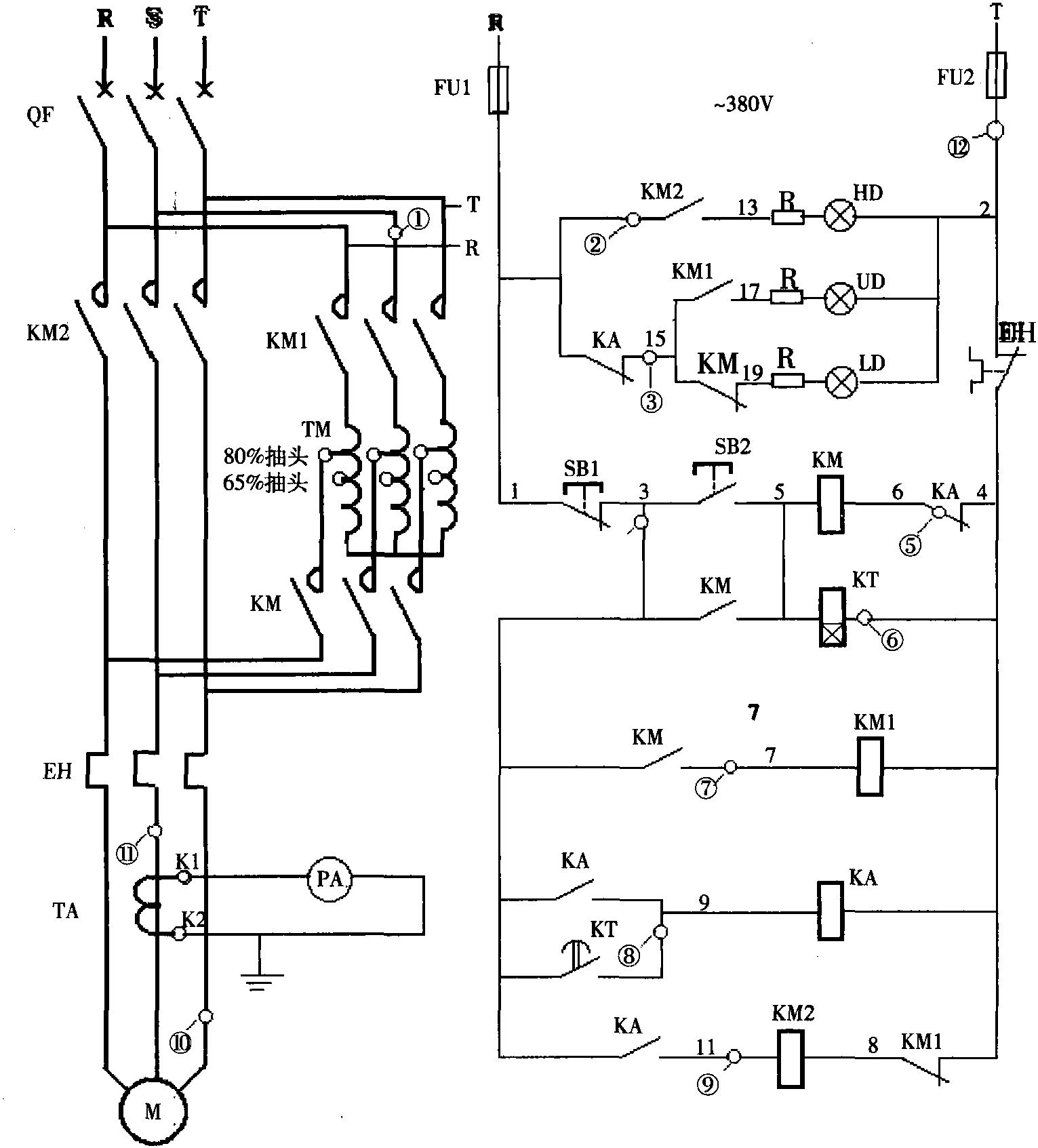 一、自動控制的自耦減壓啟動控制電路